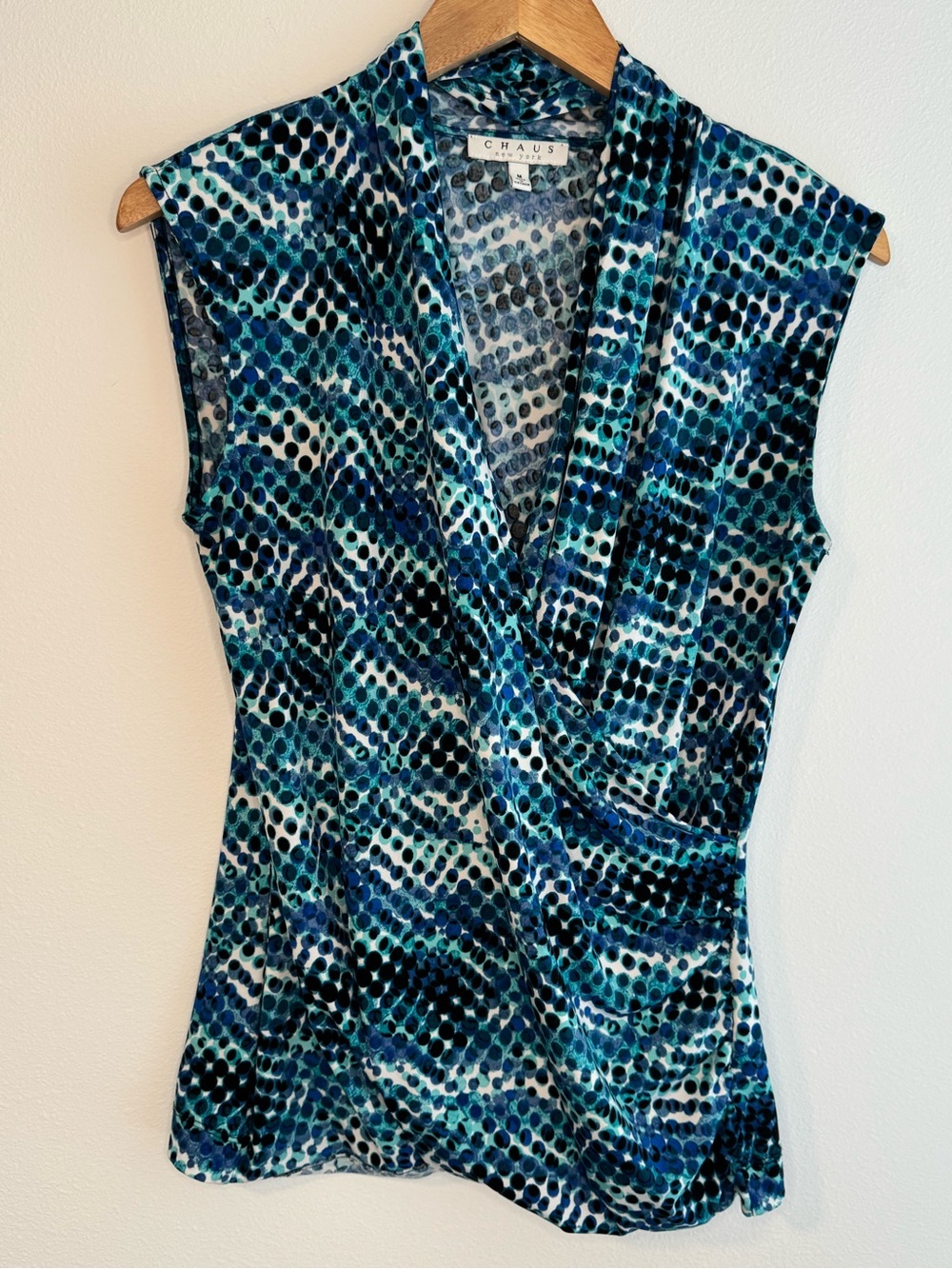 Chaus New York Blue Multi Sleeveless Wrap-Style Top Size M